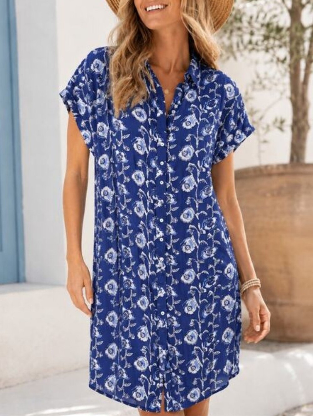 Natural Life XS Take It Easy Cotton Gauze Shirt Dress Blue Floral Oversized